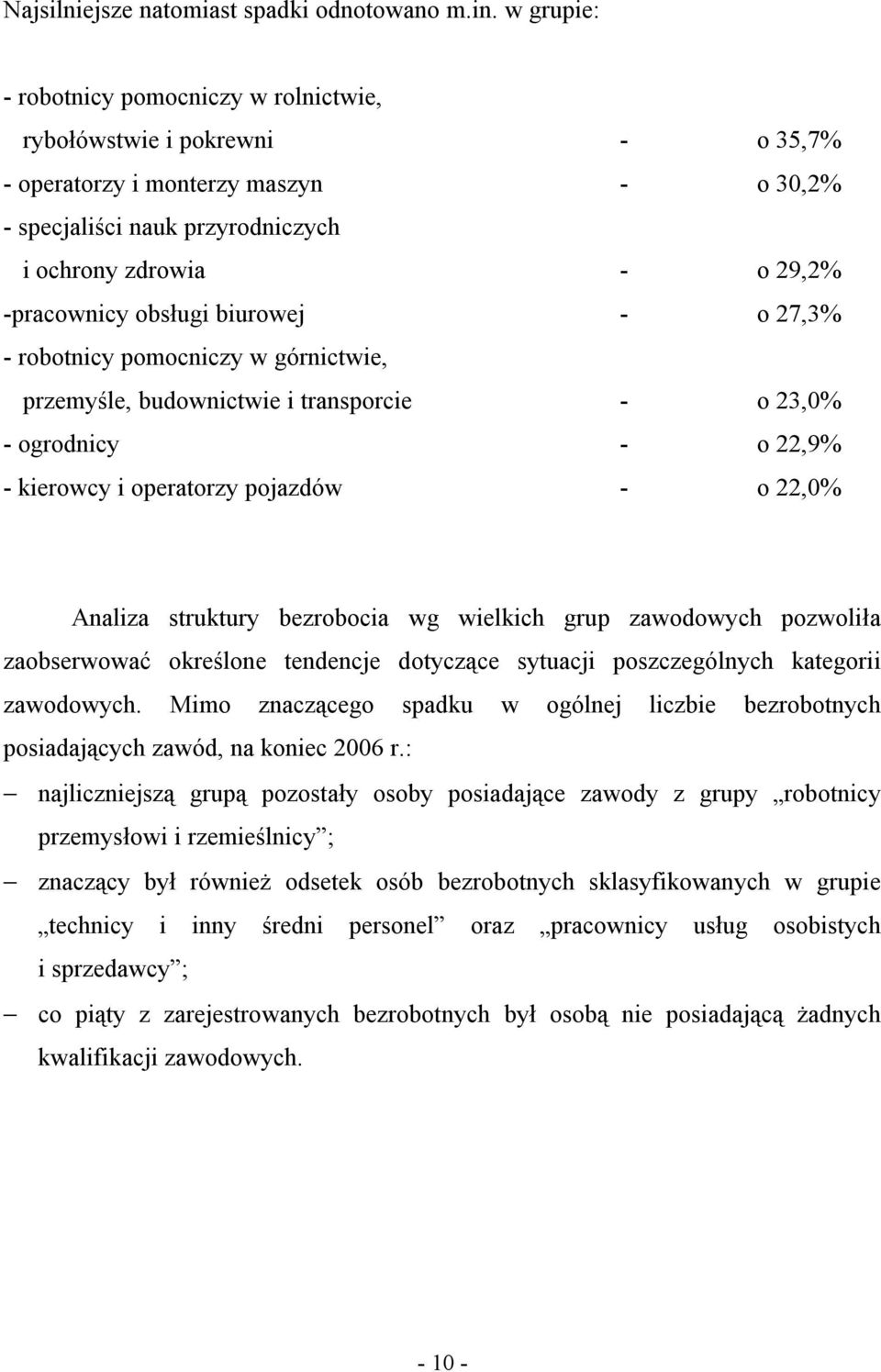 obsługi biurowej - o 27,3% - robotnicy pomocniczy w górnictwie, przemyśle, budownictwie i transporcie - o 23,0% - ogrodnicy - o 22,9% - kierowcy i operatorzy pojazdów - o 22,0% Analiza struktury