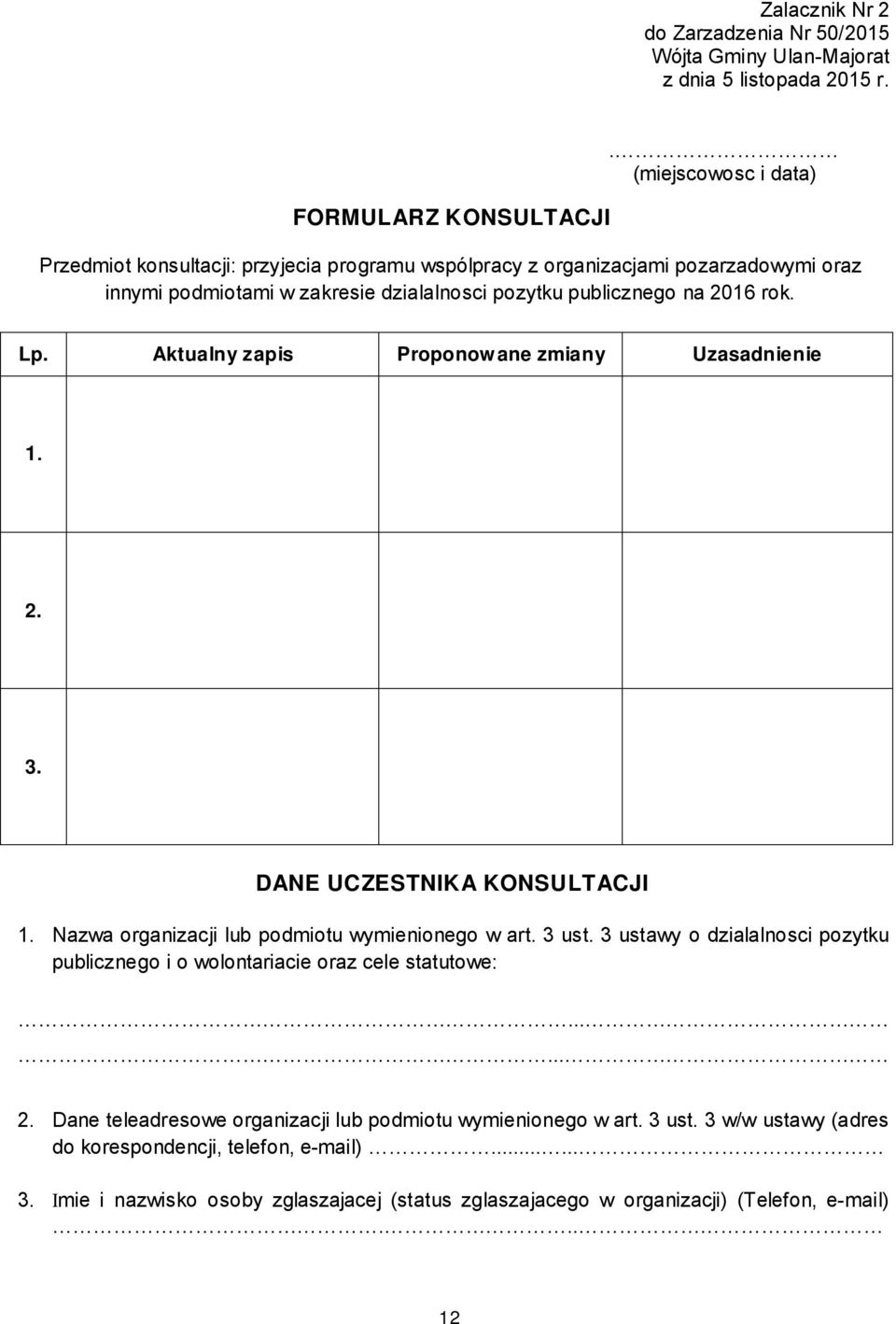 Aktualny zapis Proponow ane zmiany Uzasadnienie 1. 2. 3. DANE UCZESTNIKA KONSULTACJI 1. Nazwa organizacji lub podmiotu wymienionego w art. 3 ust.