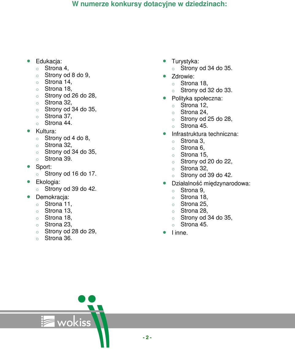 Demkracja: Strna 11, Strna 13, Strna 18, Strna 23, Strny d 28 d 29, Strna 36. Turystyka: Strny d 34 d 35. Zdrwie: Strna 18, Strny d 32 d 33.