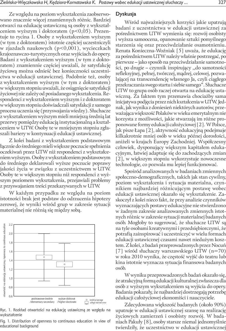 Osoby z wykształceniem wyższym (w tym z doktoratem) istotnie częściej uczestniczyli w zjazdach naukowych (p<0,001), wycieczkach krajoznawczo-turystycznych oraz wyjściach do opery.