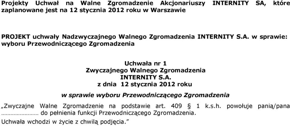 w sprawie: wyboru Przewodniczącego Zgromadzenia Uchwała nr 1 Zwyczajnego Walnego Zgromadzenia INTERNITY S.A.