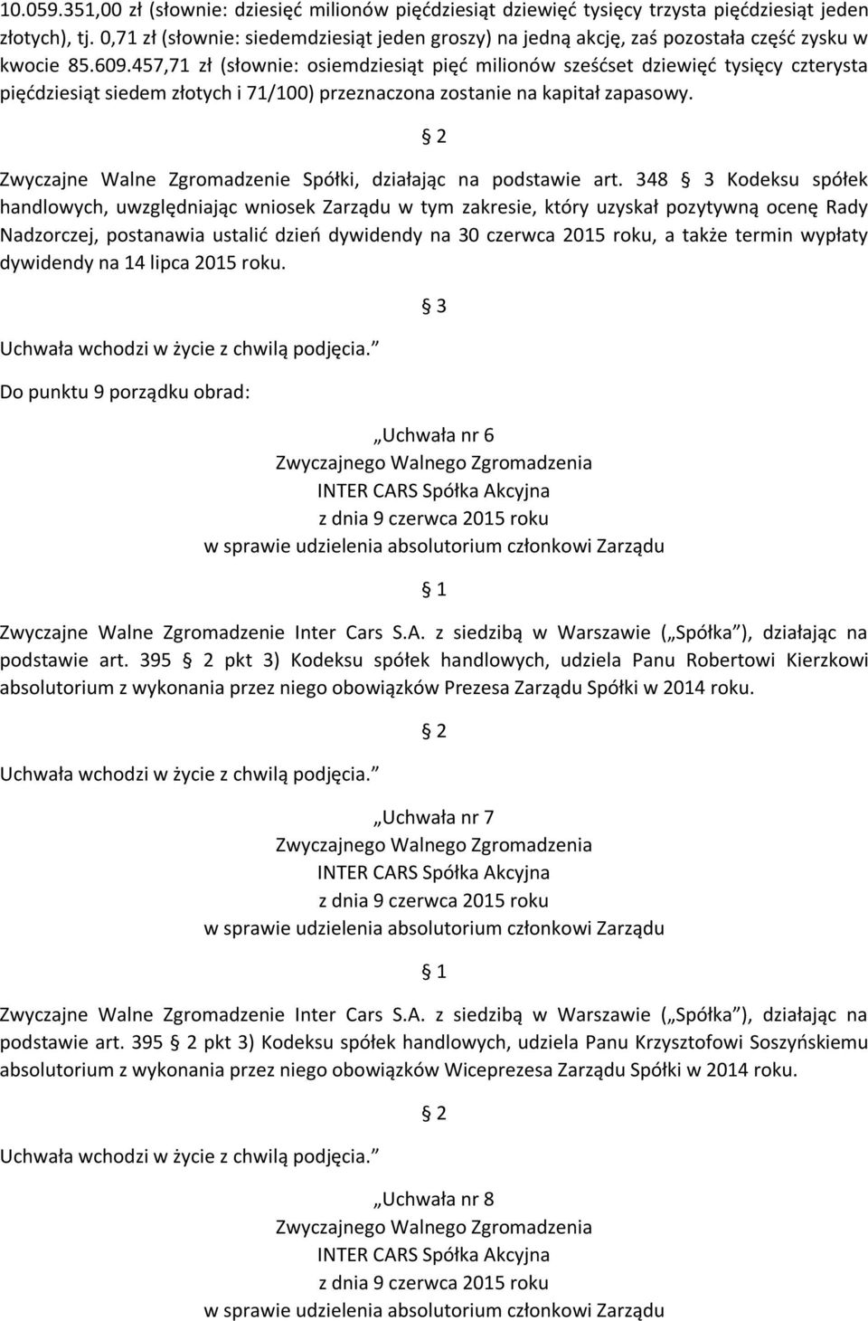 457,71 zł (słownie: osiemdziesiąt pięć milionów sześćset dziewięć tysięcy czterysta pięćdziesiąt siedem złotych i 71/100) przeznaczona zostanie na kapitał zapasowy.