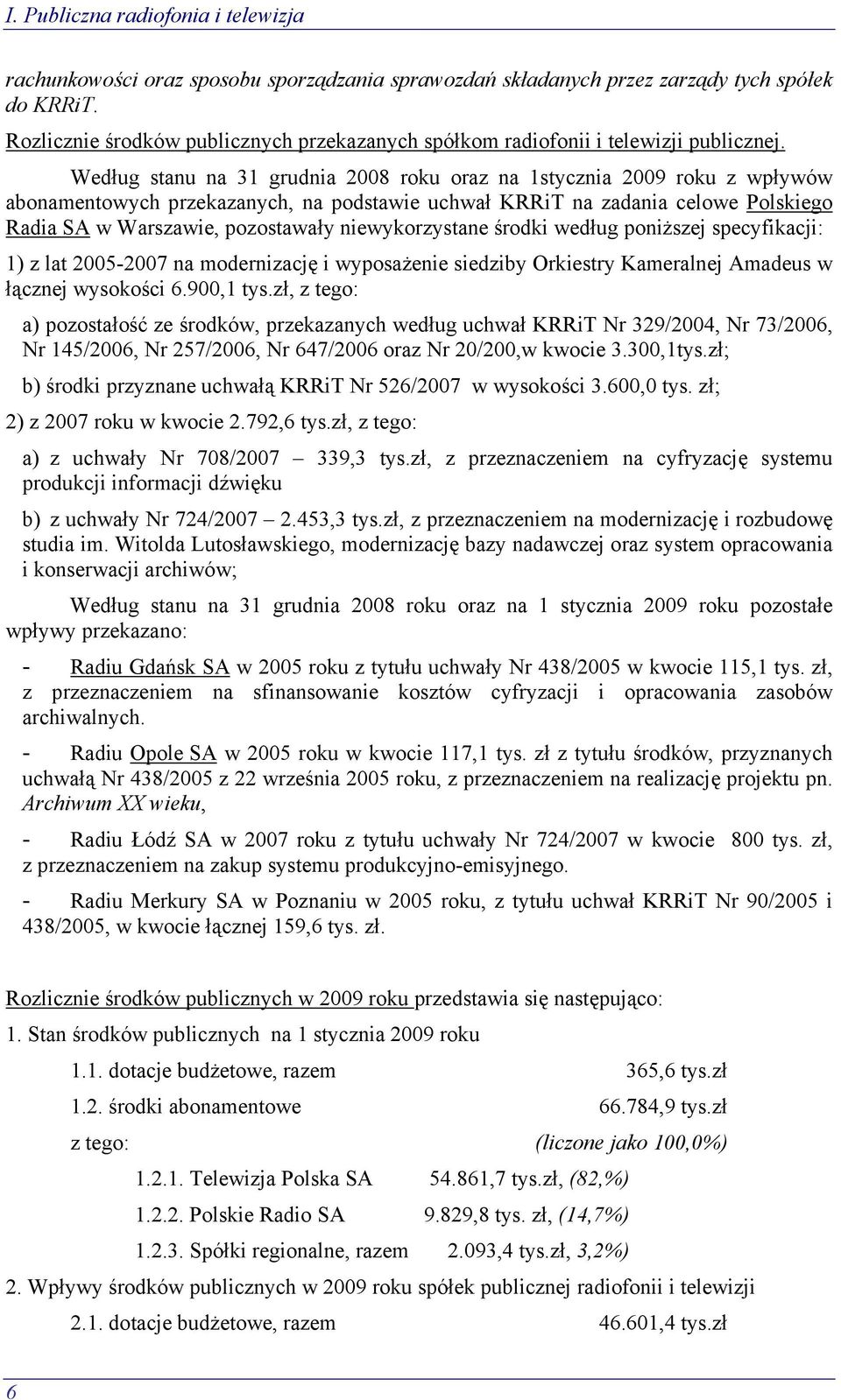Według stanu na 31 grudnia 2008 roku oraz na 1stycznia 2009 roku z wpływów abonamentowych przekazanych, na podstawie uchwał KRRiT na zadania celowe Polskiego Radia SA w Warszawie, pozostawały