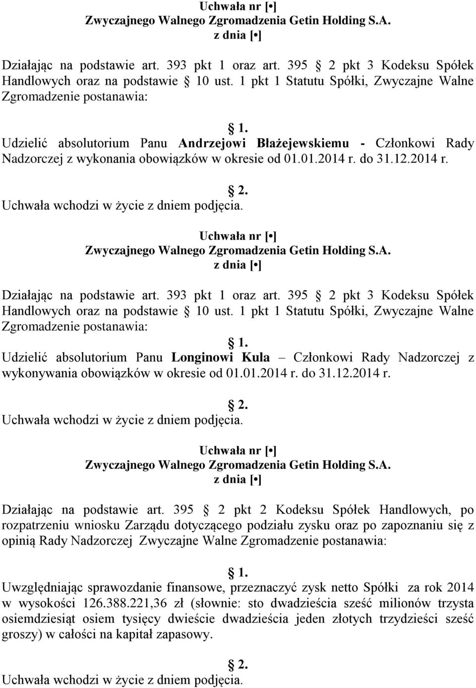 do 31.12.2014 r.  395 2 pkt 3 Kodeksu Spółek Zgromadzenie postanawia: Udzielić absolutorium Panu Longinowi Kula Członkowi Rady Nadzorczej z wykonywania obowiązków w okresie od 01.01.2014 r. do 31.12.2014 r. Działając na podstawie art.