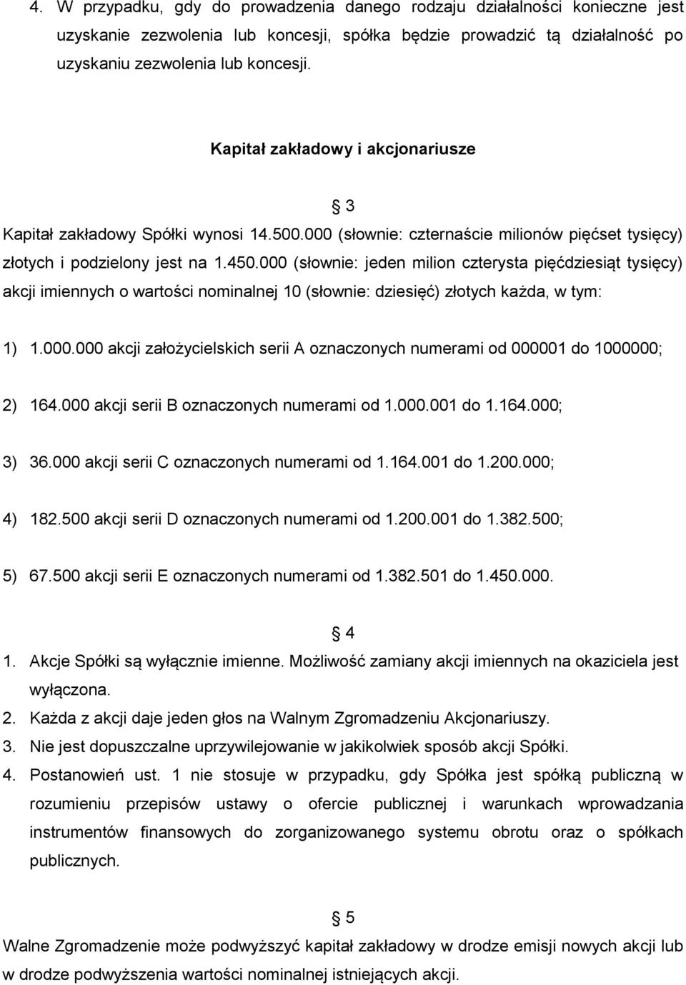 000 (słownie: jeden milion czterysta pięćdziesiąt tysięcy) akcji imiennych o wartości nominalnej 10 (słownie: dziesięć) złotych każda, w tym: 1) 1.000.000 akcji założycielskich serii A oznaczonych numerami od 000001 do 1000000; 2) 164.