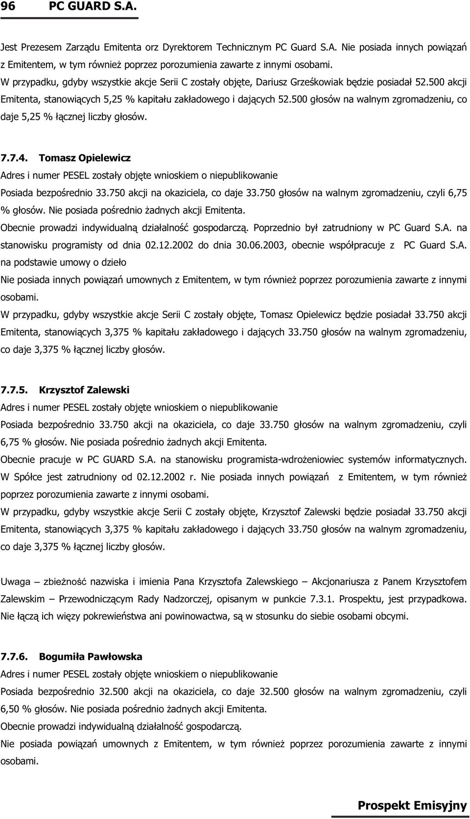 500 głosów na walnym zgromadzeniu, co daje 5,25 % łącznej liczby głosów. 7.7.4. Tomasz Opielewicz Posiada bezpośrednio 33.750 akcji na okaziciela, co daje 33.