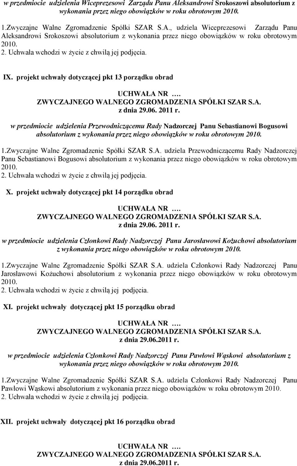 S.A. udziela Przewodniczącemu Rady Nadzorczej Panu Sebastianowi Bogusowi absolutorium z wykonania przez niego obowiązków w roku obrotowym 2010. X.