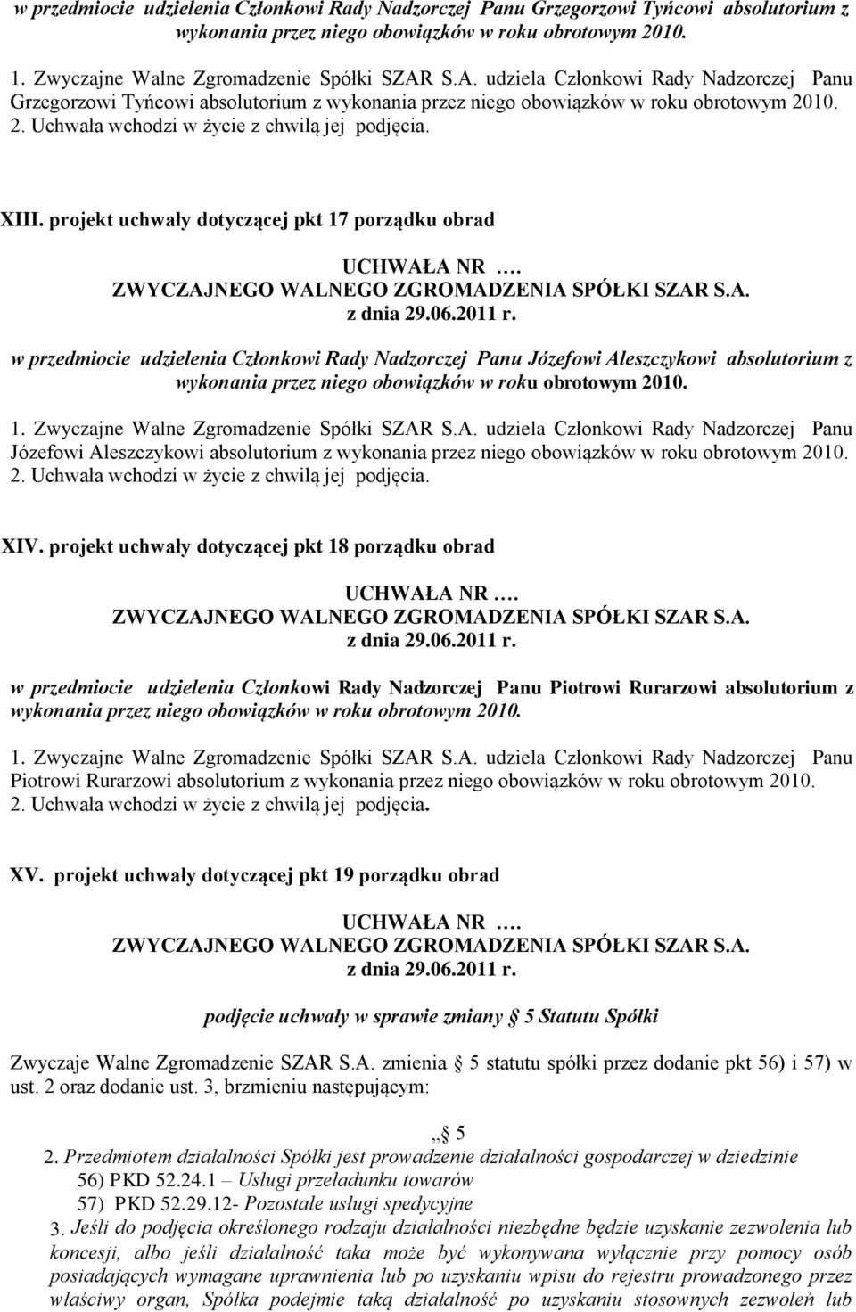 projekt uchwały dotyczącej pkt 18 porządku obrad w przedmiocie udzielenia Członkowi Rady Nadzorczej Panu Piotrowi Rurarzowi absolutorium z 1. Zwyczajne Walne Zgromadzenie Spółki SZAR