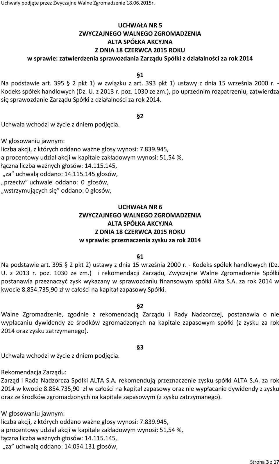 W głosowaniu jawnym: UCHWAŁA NR 6 w sprawie: przeznaczenia zysku za rok 2014 Na podstawie art. 395 2 pkt 2) ustawy z dnia 15 września 2000 r. - Kodeks spółek handlowych (Dz. U. z 2013 r. poz.