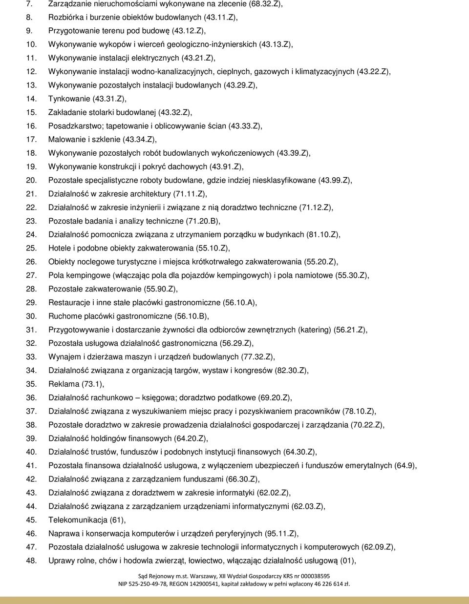 Wykonywanie instalacji wodno-kanalizacyjnych, cieplnych, gazowych i klimatyzacyjnych (43.22.Z), 13. Wykonywanie pozostałych instalacji budowlanych (43.29.Z), 14. Tynkowanie (43.31.Z), 15.