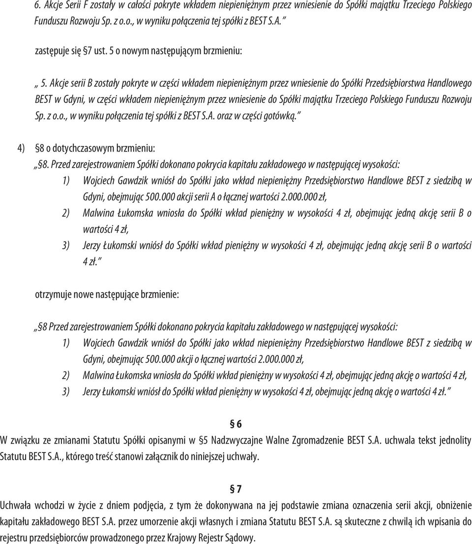 Akcje serii B zostały pokryte w części wkładem niepieniężnym przez wniesienie do Spółki Przedsiębiorstwa Handlowego BEST w Gdyni, w części wkładem niepieniężnym przez wniesienie do Spółki majątku