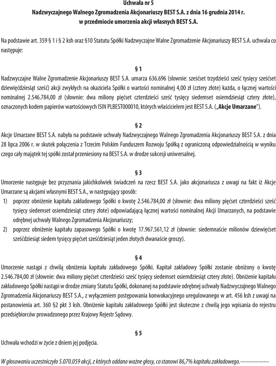 696 (słownie: sześćset trzydzieści sześć tysięcy sześćset dziewięćdziesiąt sześć) akcji zwykłych na okaziciela Spółki o wartości nominalnej 4,00 zł (cztery złote) każda, o łącznej wartości nominalnej