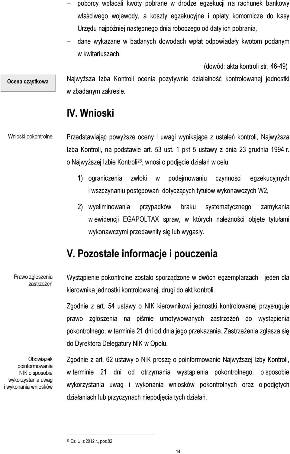 46-49) Najwyższa Izba Kontroli ocenia pozytywnie działalność kontrolowanej jednostki w zbadanym zakresie. IV.