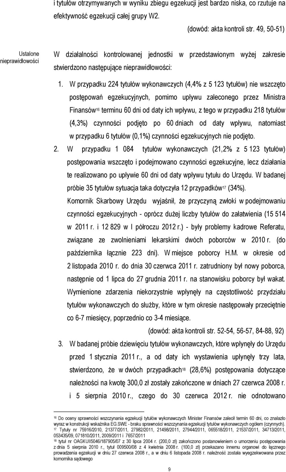 W przypadku 224 tytułów wykonawczych (4,4% z 5 123 tytułów) nie wszczęto postępowań egzekucyjnych, pomimo upływu zaleconego przez Ministra Finansów 16 terminu 60 dni od daty ich wpływu, z tego w