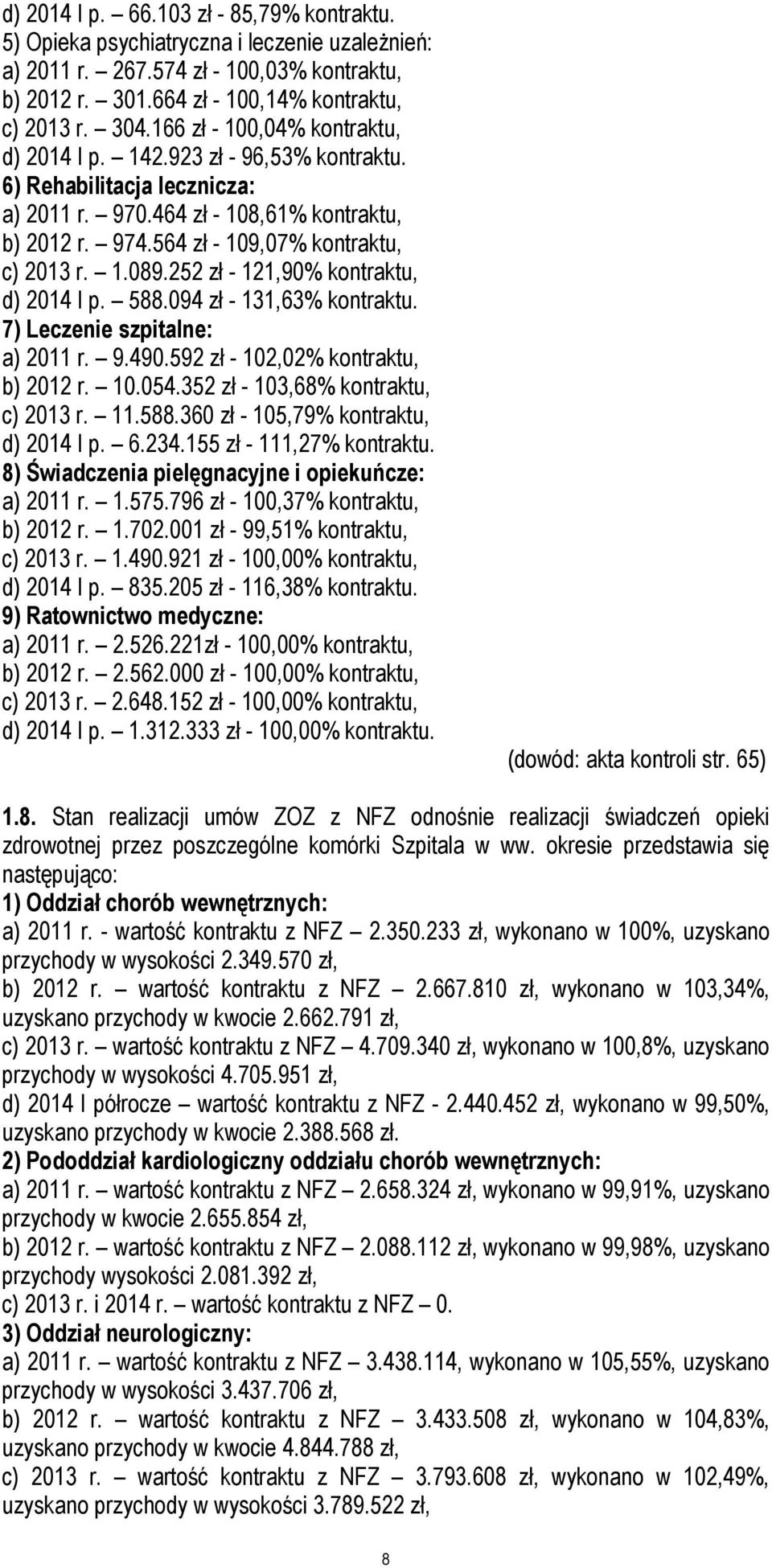 252 zł - 121,90% kontraktu, d) 2014 I p. 588.094 zł - 131,63% kontraktu. 7) Leczenie szpitalne: a) 2011 r. 9.490.592 zł - 102,02% kontraktu, b) 2012 r. 10.054.352 zł - 103,68% kontraktu, c) 2013 r.