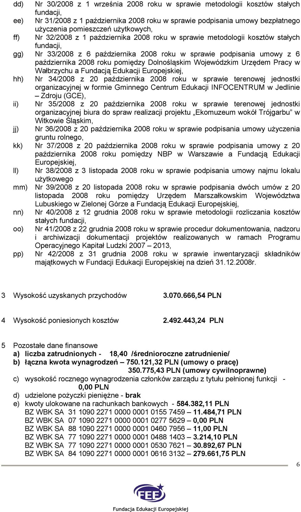 Wojewódzkim Urzędem Pracy w Wałbrzychu a Fundacją Edukacji Europejskiej, hh) Nr 34/2008 z 20 października 2008 roku w sprawie terenowej jednostki organizacyjnej w formie Gminnego Centrum Edukacji