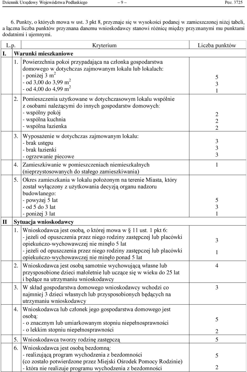 Warunki mieszkaniowe 1. Powierzchnia pokoi przypadająca na członka gospodarstwa domowego w dotychczas zajmowanym lokalu lub lokalach: II - poniżej 3 m 2 - od 3,00 do 3,99 m 2 - od 4,00 do 4,99 m 2 2.