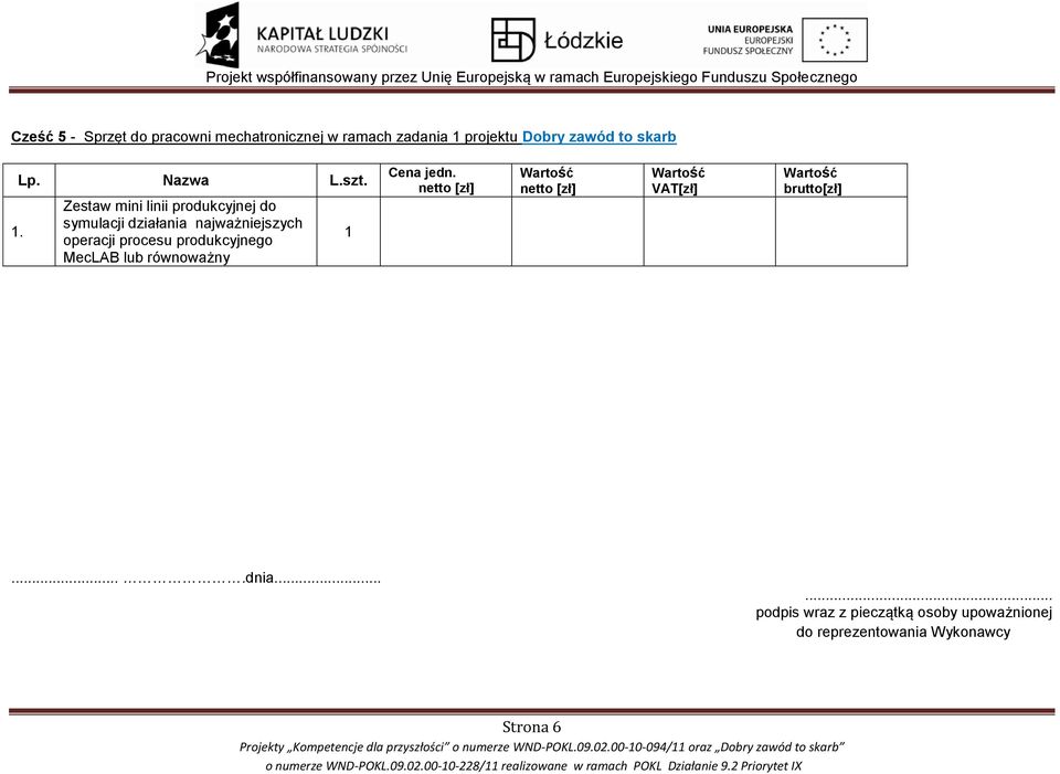 MecLAB lub równoważny Strona 6 Projekty Kompetencje dla przyszłości o numerze WND-POKL.09.02.
