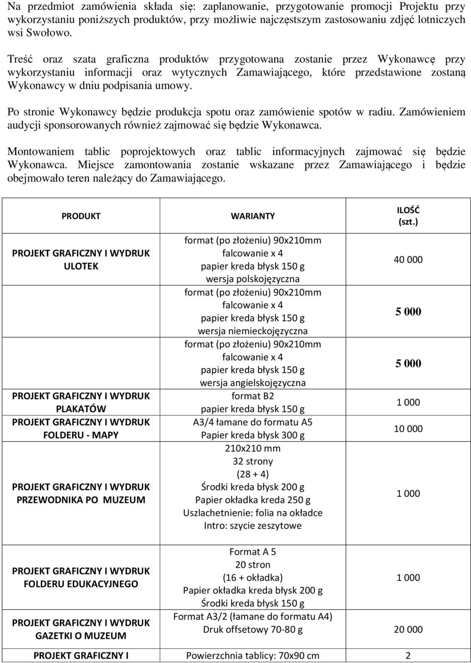 Po stronie Wykonawcy będzie produkcja spotu oraz zamówienie spotów w radiu. Zamówieniem audycji sponsorowanych również zajmować się będzie Wykonawca.