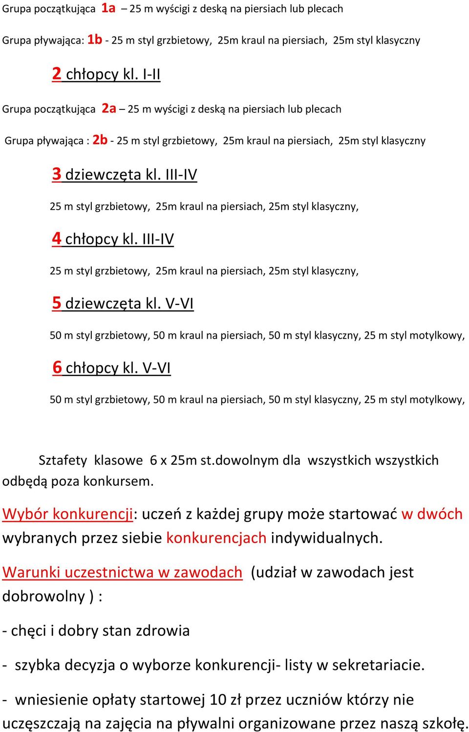 III-IV 25 m styl grzbietowy, 25m kraul na piersiach, 25m styl klasyczny, 4 chłopcy kl. III-IV 25 m styl grzbietowy, 25m kraul na piersiach, 25m styl klasyczny, 5 dziewczęta kl.