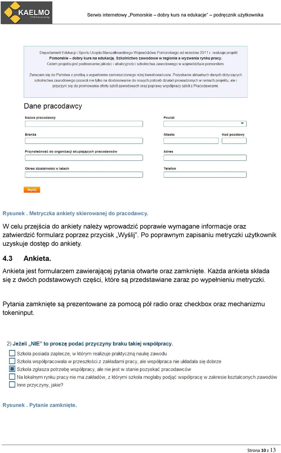 Po poprawnym zapisaniu metryczki użytkownik uzyskuje dostęp do ankiety. 4.3 Ankieta.