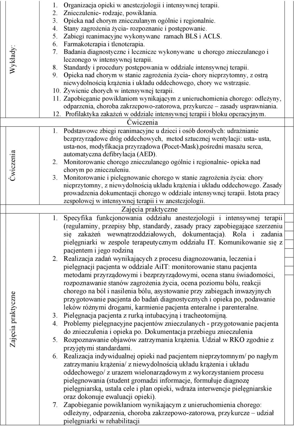 Badania diagnostyczne i lecznicze wykonywane u chorego znieczulanego i leczonego w intensywnej terapii. 8. Standardy i procedury postępowania w oddziale intensywnej terapii. 9.