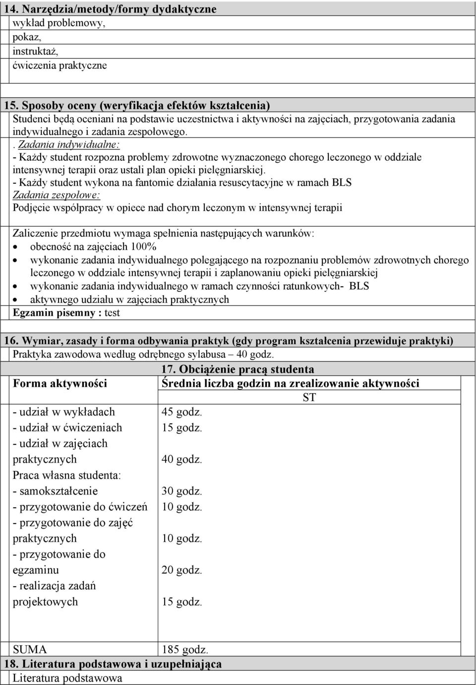 . Zadania indywidualne: - Każdy student rozpozna problemy zdrowotne wyznaczonego chorego leczonego w oddziale intensywnej terapii oraz ustali plan opieki pielęgniarskiej.