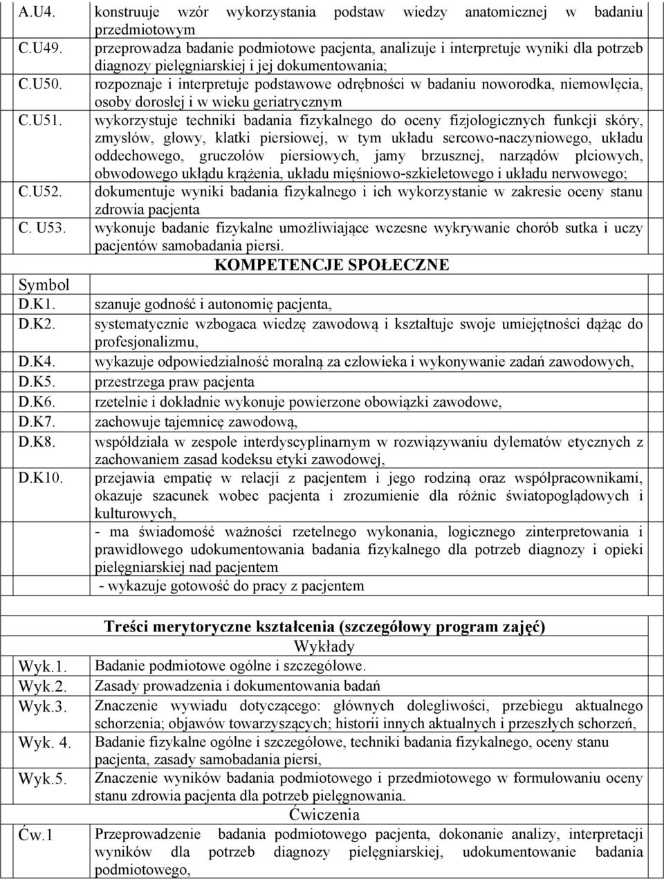 rozpoznaje i interpretuje podstawowe odrębności w badaniu noworodka, niemowlęcia, osoby dorosłej i w wieku geriatrycznym C.U51.