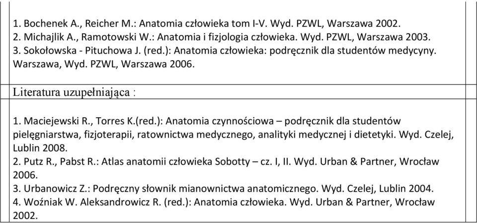 Wyd. Czelej, Lublin 2008. 2. Putz R., Pabst R.: Atlas anatomii człowieka Sobotty cz. I, II. Wyd. Urban & Partner, Wrocław 2006. 3. Urbanowicz Z.: Podręczny słownik mianownictwa anatomicznego. Wyd. Czelej, Lublin 2004.