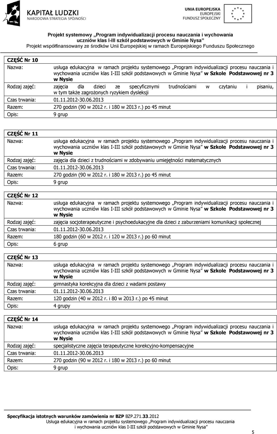 ) po 45 minut 9 grup CZĘŚĆ Nr 12 wychowania w Szkole Podstawowej nr 3 zajęcia socjoterapeutyczne i psychoedukacyjne dla dzieci z zaburzeniami komunikacji społecznej 180 godzin (60 w 2012 r.