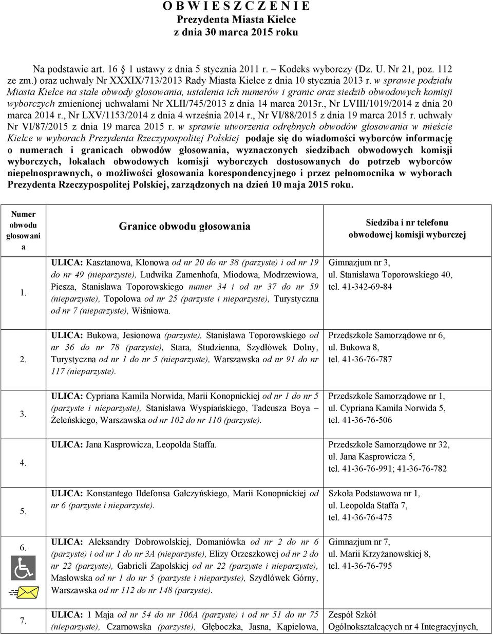 w sprawie podziału Miasta Kielce na stałe obwody głosowania, ustalenia ich numerów i granic oraz siedzib obwodowych komisji wyborczych zmienionej uchwałami Nr XLII/745/2013 z dnia 14 marca 2013r.