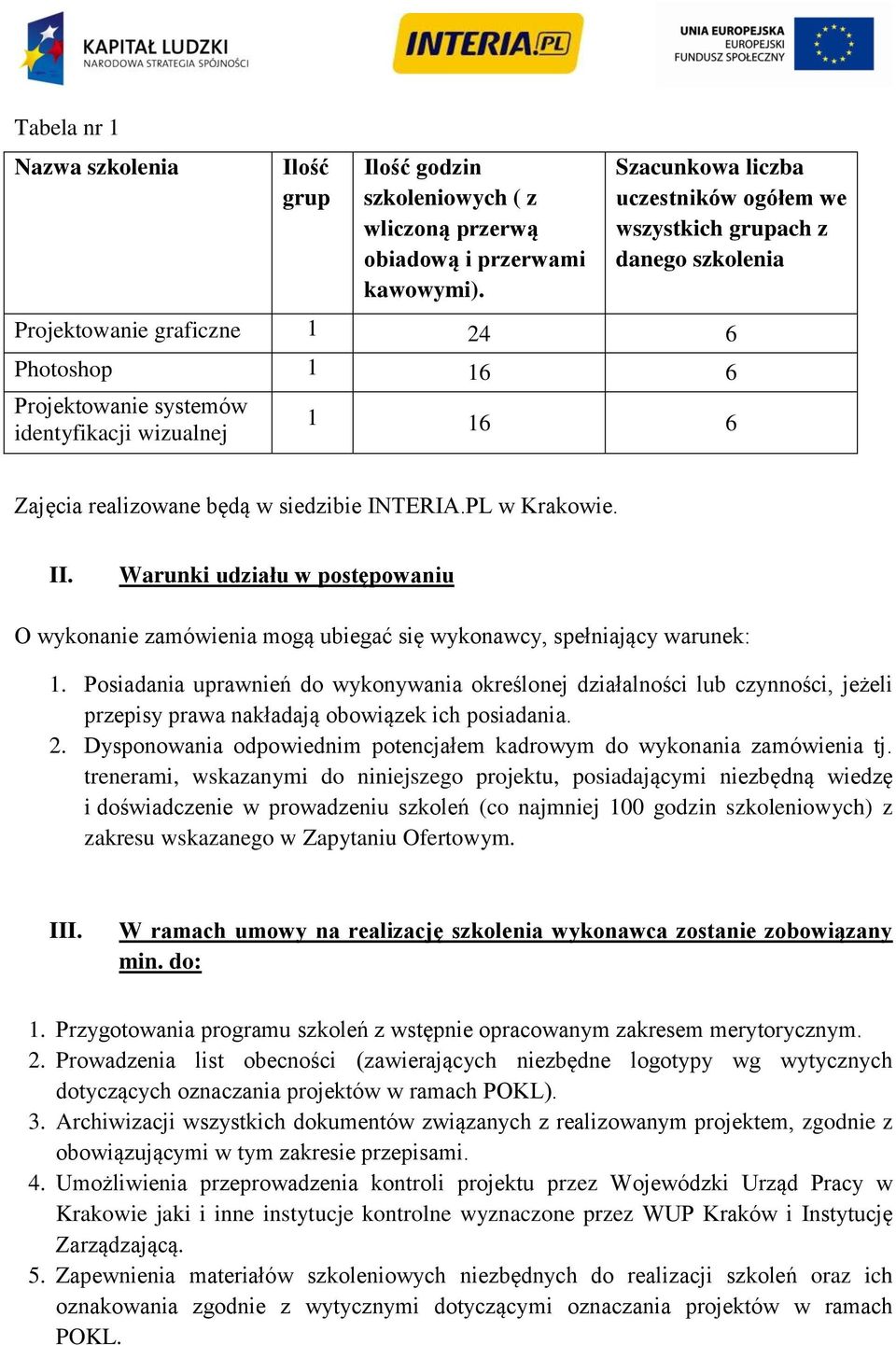 będą w siedzibie INTERIA.PL w Krakowie. II. Warunki udziału w postępowaniu O wykonanie zamówienia mogą ubiegać się wykonawcy, spełniający warunek: 1.