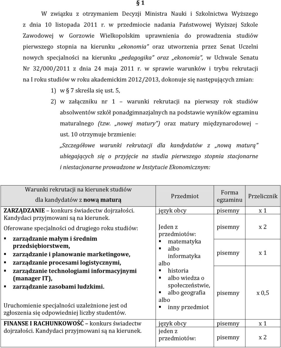 nowych specjalności na kierunku pedagogika oraz ekonomia, w Uchwale Senatu Nr 32/000/2011 z dnia 24 maja 2011 r.