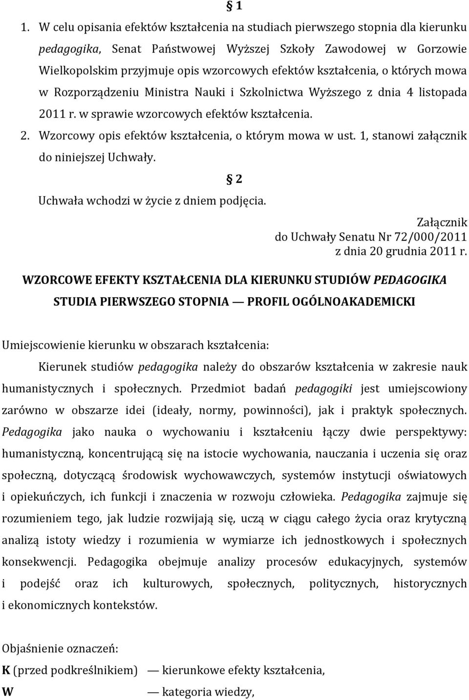 1, stanowi załącznik do niniejszej Uchwały. 2 Uchwała wchodzi w życie z dniem podjęcia. Załącznik do Uchwały Senatu Nr 72/000/2011 z dnia 20 grudnia 2011 r.