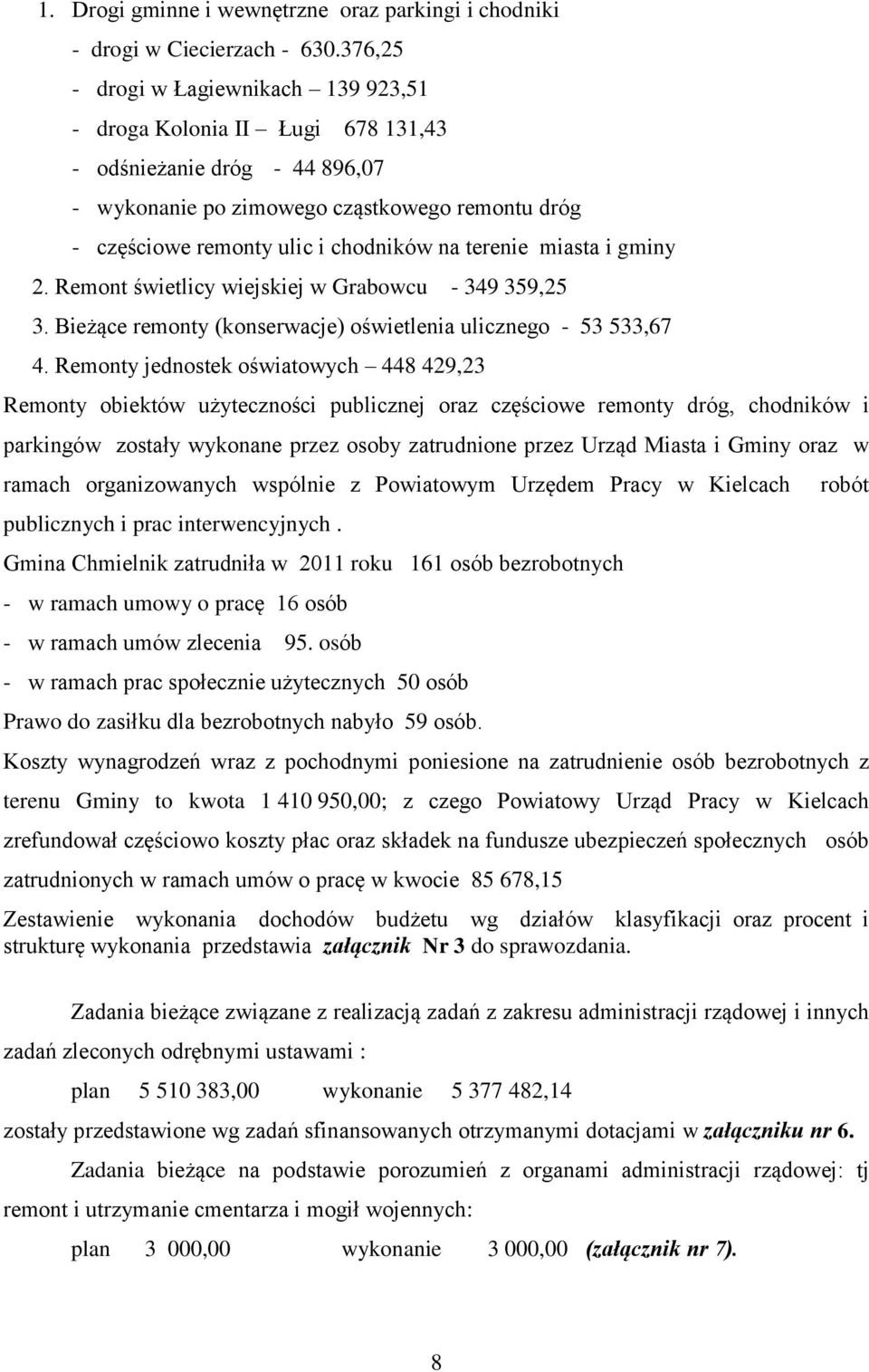 terenie miasta i gminy 2. Remont świetlicy wiejskiej w Grabowcu - 349 359,25 3. Bieżące remonty (konserwacje) oświetlenia ulicznego - 53 533,67 4.