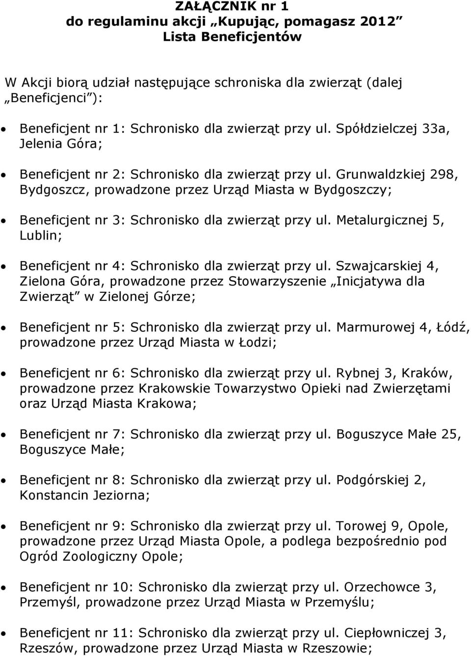 Grunwaldzkiej 298, Bydgoszcz, prowadzone przez Urząd Miasta w Bydgoszczy; Beneficjent nr 3: Schronisko dla zwierząt przy ul.