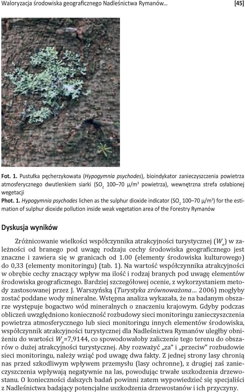 1. Hypogymnia psychodes lichen as the sulphur dioxide indicator (SO 2 100 70 μ/m 3 ) for the estimation of sulphur dioxide pollution inside weak vegetation area of the Forestry Rymanów Dyskusja