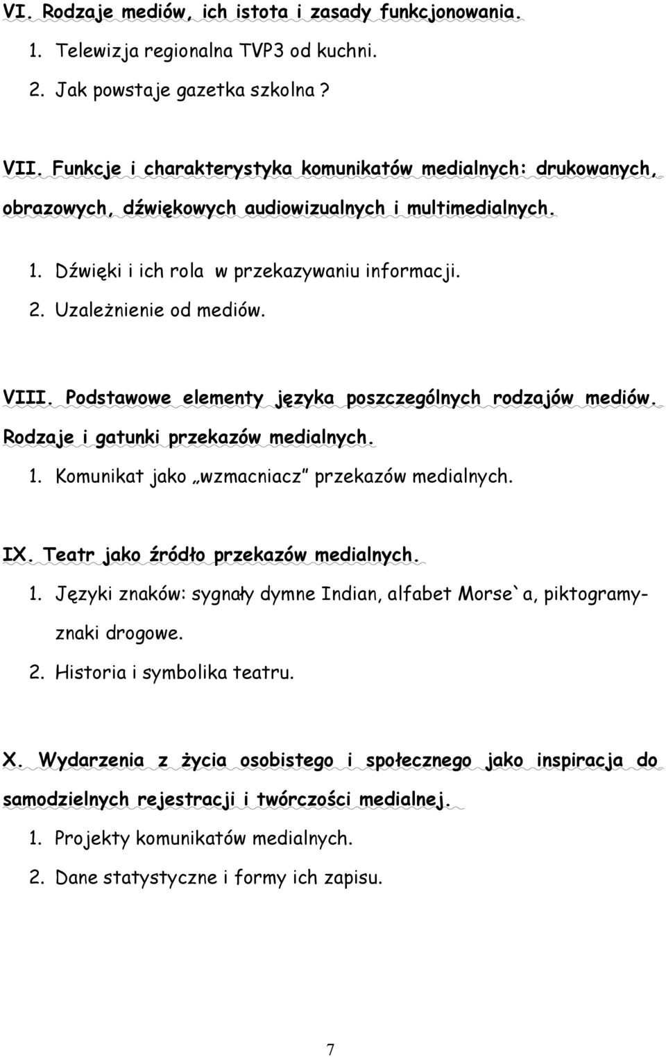 VIII. Podstawowe elementy języka poszczególnych rodzajów mediów. Rodzaje i gatunki przekazów medialnych. 1. Komunikat jako wzmacniacz przekazów medialnych. IX. Teatr jako źródło przekazów medialnych.