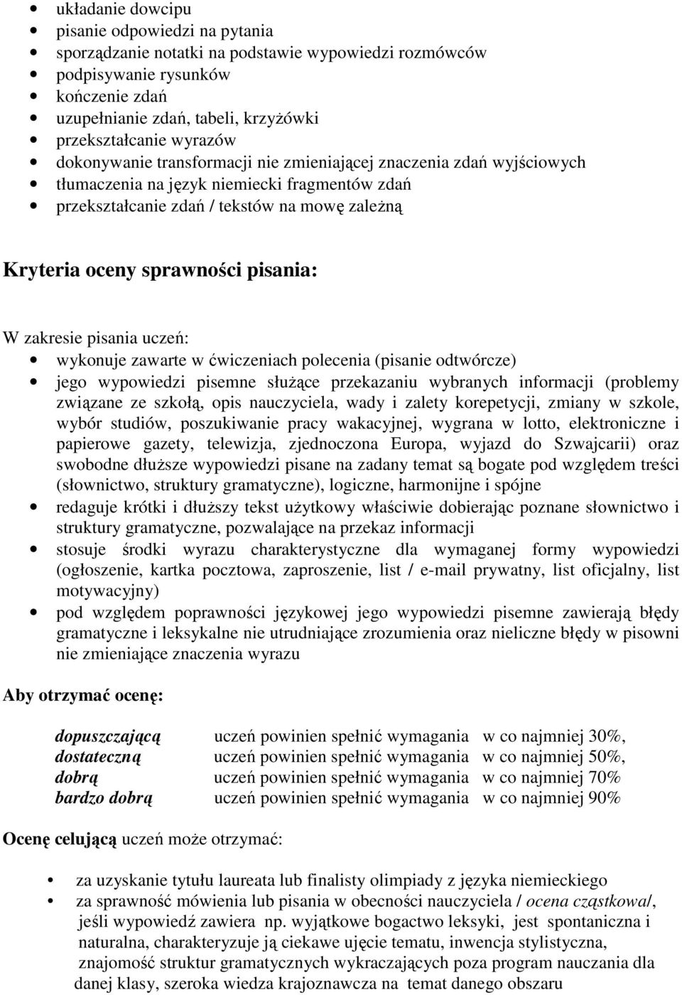 pisania: W zakresie pisania uczeń: wykonuje zawarte w ćwiczeniach polecenia (pisanie odtwórcze) jego wypowiedzi pisemne słuŝące przekazaniu wybranych informacji (problemy związane ze szkołą, opis