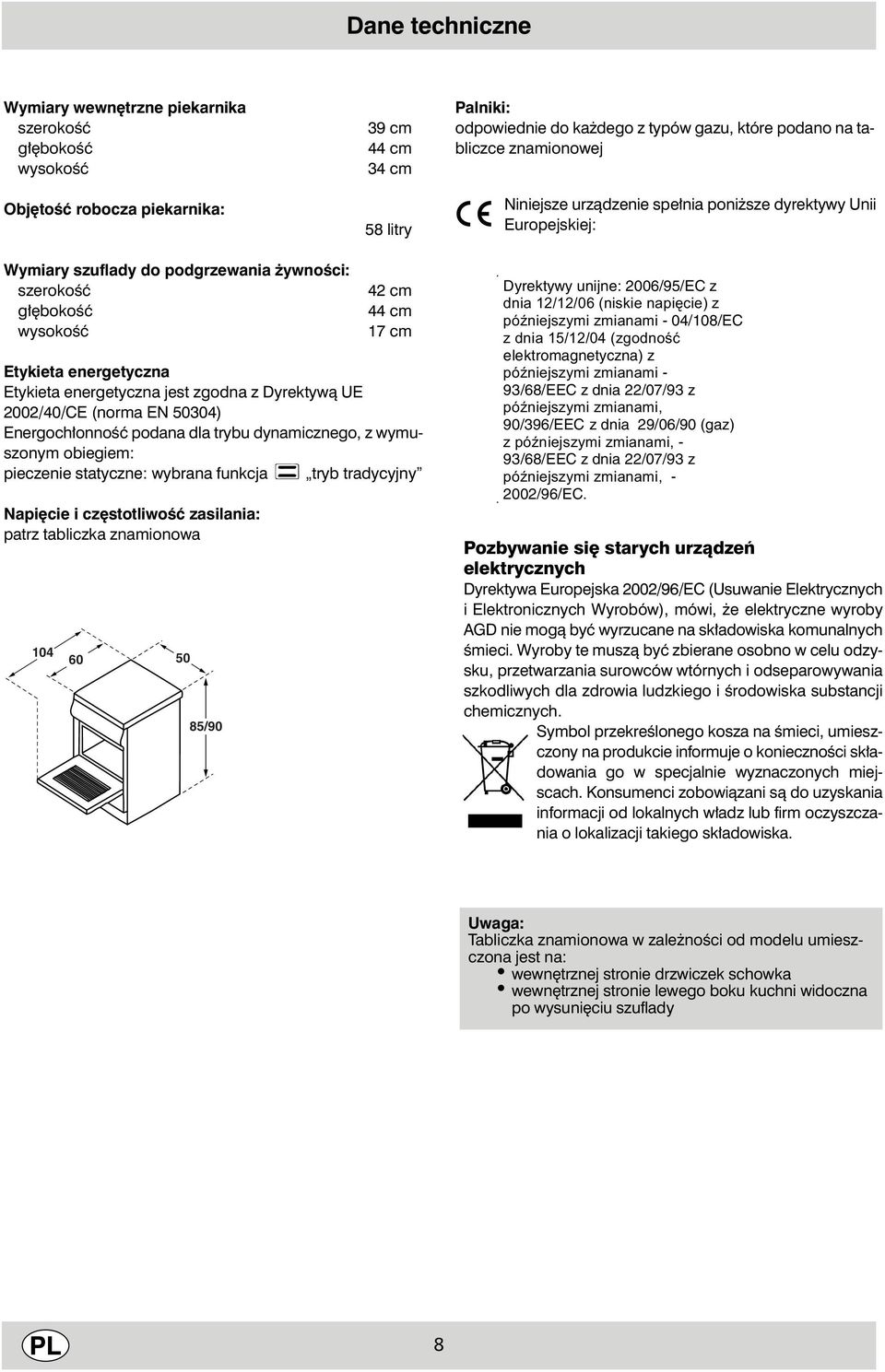 energetyczna jest zgodna z Dyrektywà UE 2002/40/CE (norma EN 004) Energoch onnoêç podana dla trybu dynamicznego, z wymuszonym obiegiem: pieczenie statyczne: wybrana funkcja a tryb tradycyjny Napi cie