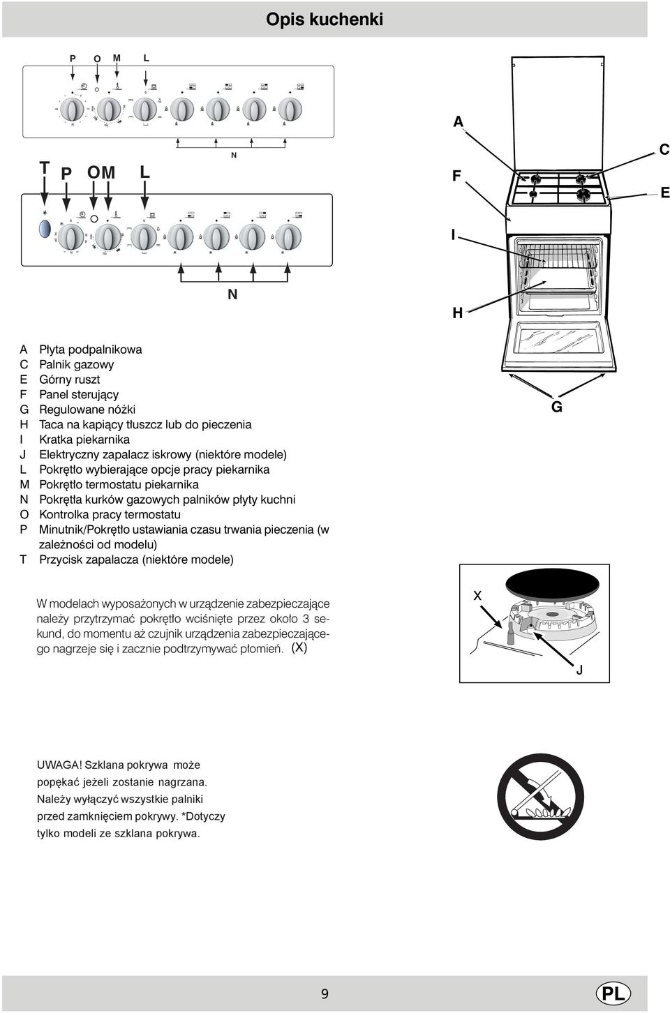 pracy termostatu P Minutnik/Pokr t o ustawiania czasu trwania pieczenia (w zale noêci od modelu) T Przycisk zapalacza (niektóre modele) G W modelach wyposa onych w urzàdzenie zabezpieczajàce nale y
