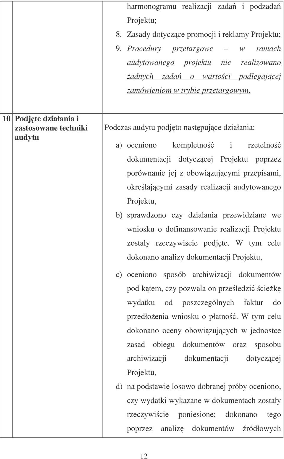 10 Podjte działania i zastosowane techniki audytu Podczas audytu podjto nastpujce działania: a) oceniono kompletno i rzetelno dokumentacji dotyczcej Projektu poprzez porównanie jej z obowizujcymi