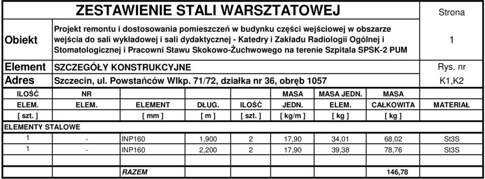 PUM Strona SZCZEGÓŁY KONSTRUKCYJNE Rys. nr K1,K2 ILOŚĆ NR MASA MASA JEDN. MASA ELEM. ELEM. ELEMENT DŁUG. ILOŚĆ JEDN. ELEM. CAŁKOWITA MATERIAŁ [ szt.