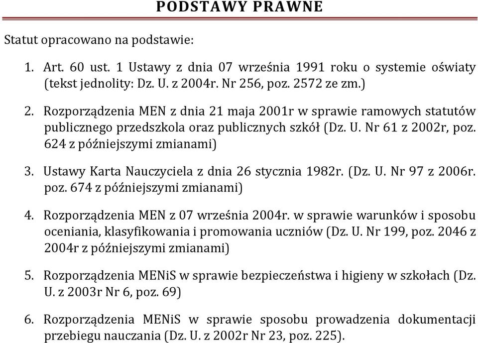 Ustawy Karta Nauczyciela z dnia 26 stycznia 1982r. (Dz. U. Nr 97 z 2006r. poz. 674 z późniejszymi zmianami) 4. Rozporządzenia MEN z 07 września 2004r.