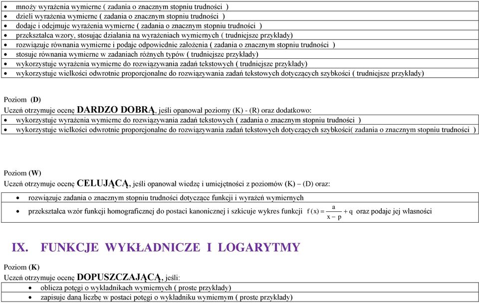 trudności ) stosuje równania wymierne w zadaniach różnych typów ( trudniejsze przykłady) wykorzystuje wyrażenia wymierne do rozwiązywania zadań tekstowych ( trudniejsze przykłady) wykorzystuje