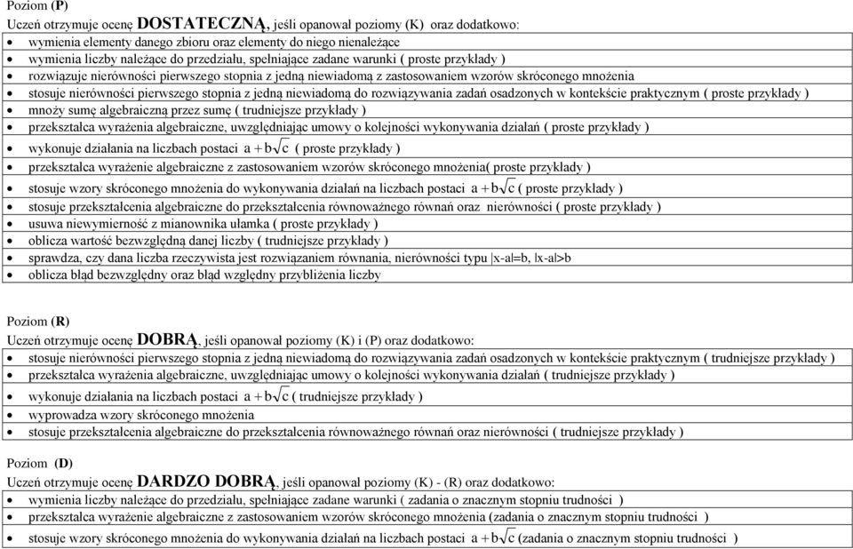 niewiadomą do rozwiązywania zadań osadzonych w kontekście praktycznym ( proste przykłady ) mnoży sumę algebraiczną przez sumę ( trudniejsze przykłady ) przekształca wyrażenia algebraiczne,