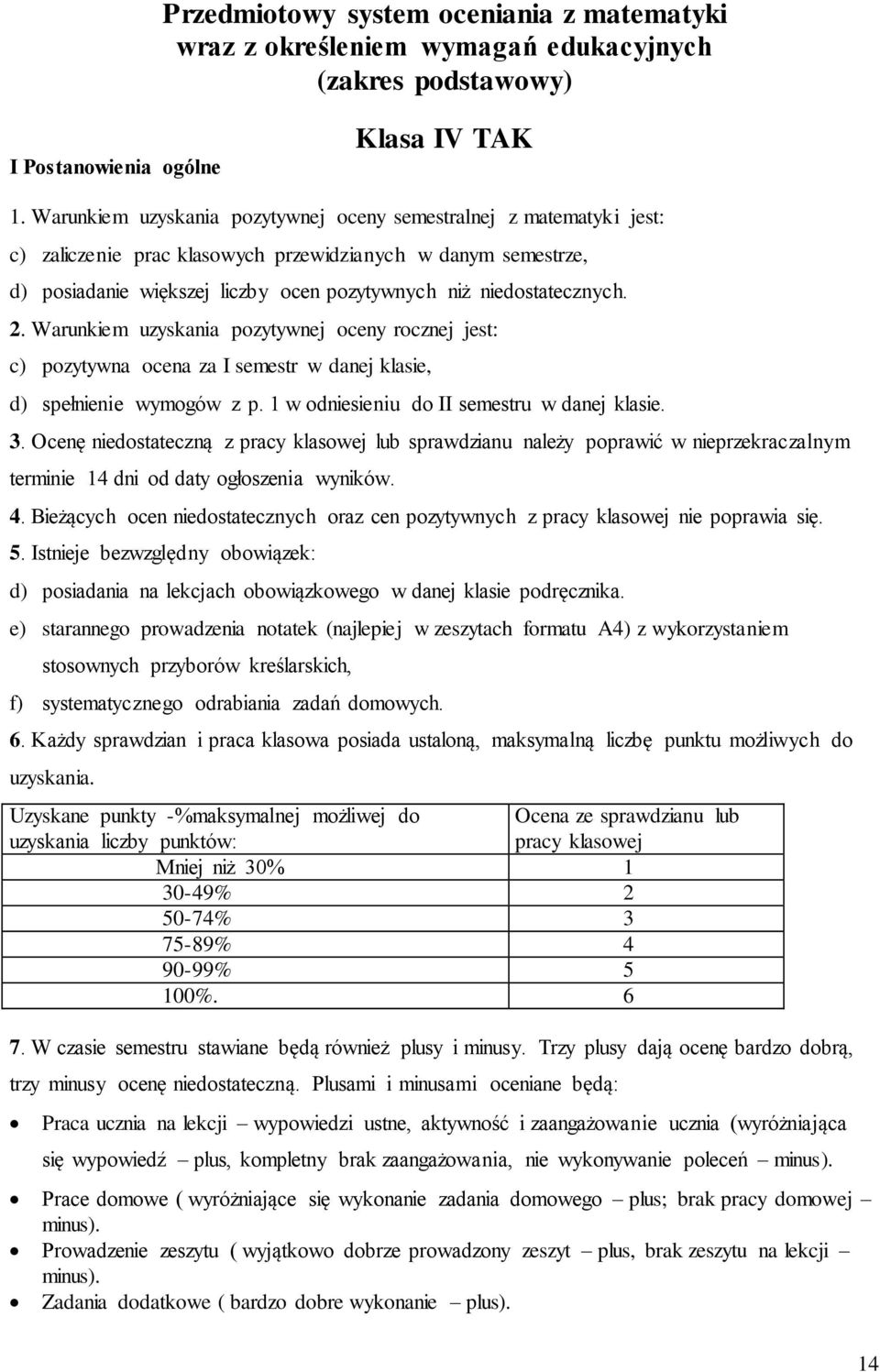 Wrunkiem uzyskni pozytywnej oceny rocznej jest: c) pozytywn ocen z I semestr w dnej klsie, d) spełnienie wymogów z p. 1 w odniesieniu do II semestru w dnej klsie. 3.