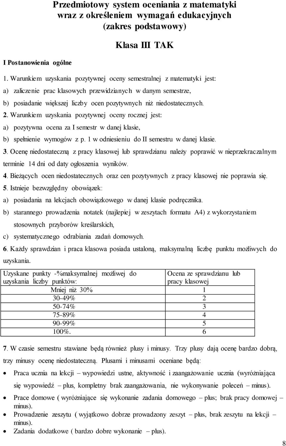 Wrunkiem uzyskni pozytywnej oceny rocznej jest: ) pozytywn ocen z I semestr w dnej klsie, b) spełnienie wymogów z p. 1 w odniesieniu do II semestru w dnej klsie. 3.