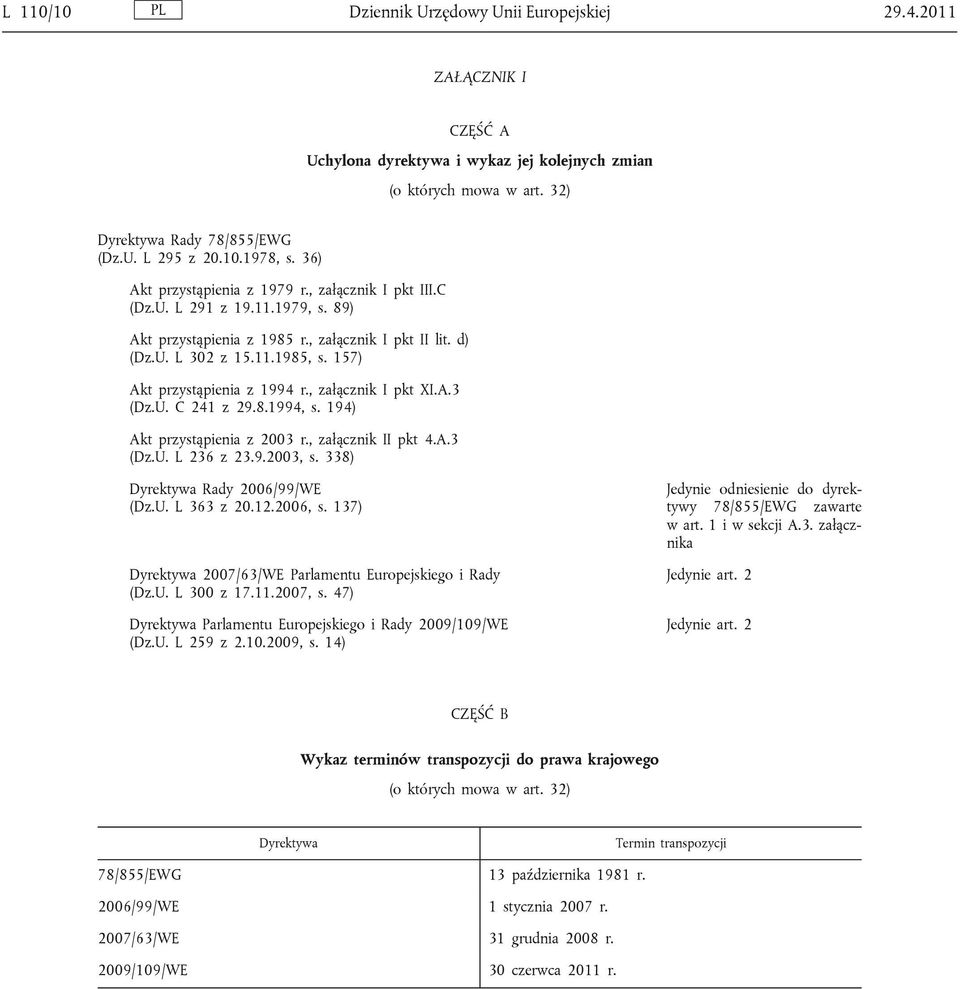 157) Akt przystąpienia z 1994 r., załącznik I pkt XI.A.3 (Dz.U. C 241 z 29.8.1994, s. 194) Akt przystąpienia z 2003 r., załącznik II pkt 4.A.3 (Dz.U. L 236 z 23.9.2003, s.