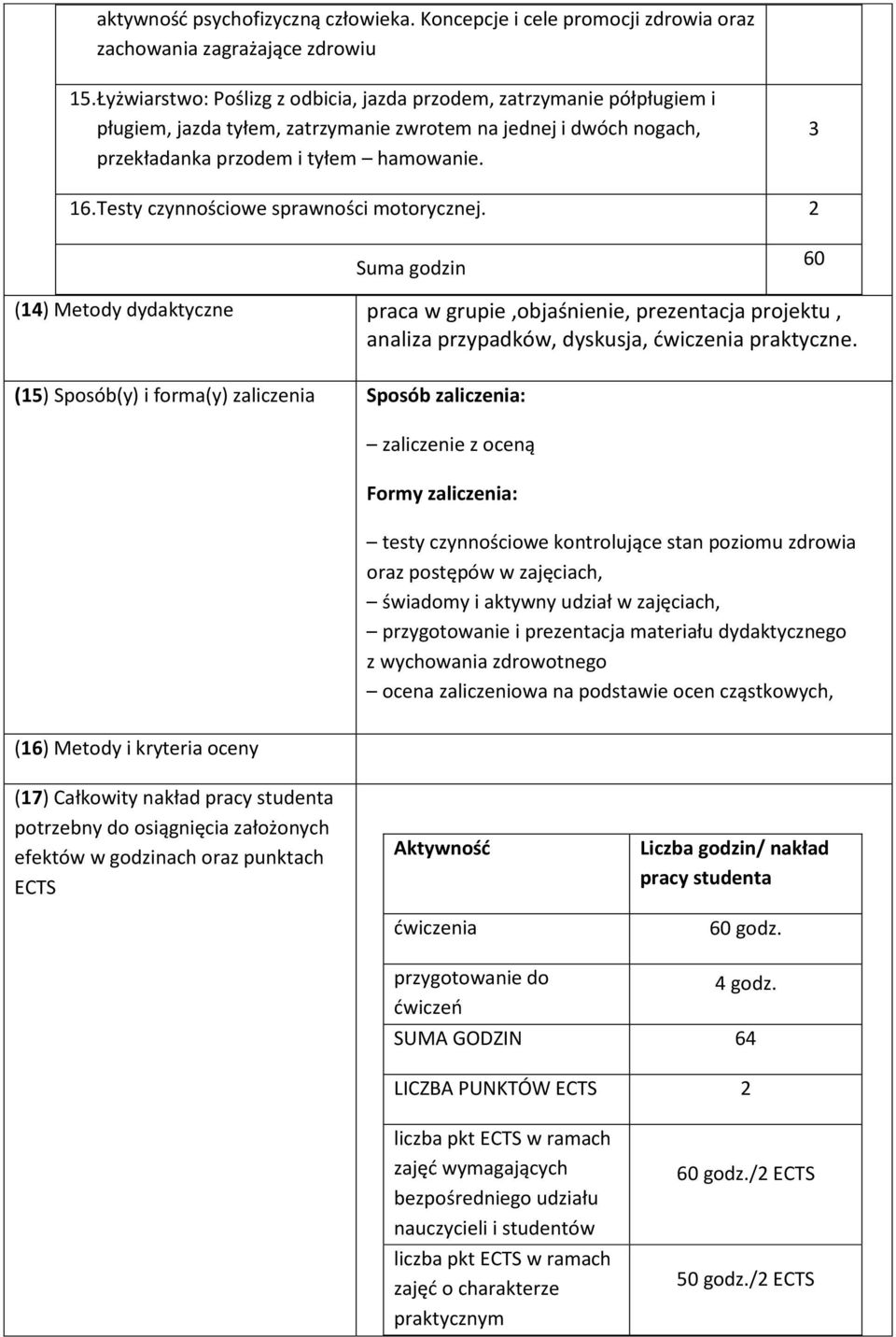 Testy czynnościowe sprawności motorycznej. 2 Suma godzin 60 (1) Metody dydaktyczne praca w grupie,objaśnienie, prezentacja projektu, analiza przypadków, dyskusja, ćwiczenia praktyczne.